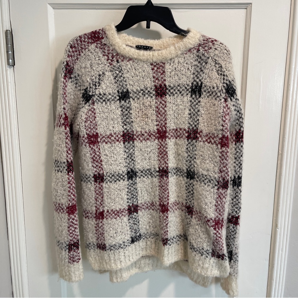 Theory Plaid Knit Sweater - Cream, Red, Black